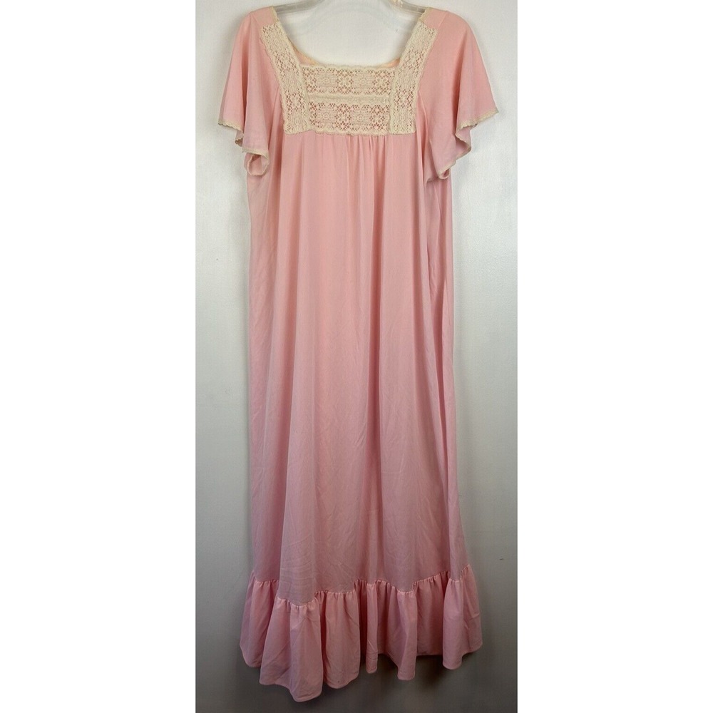Vintage Nightgown Womens Medium Ruffle Lace Long Pink Gown 70s Prairie Read